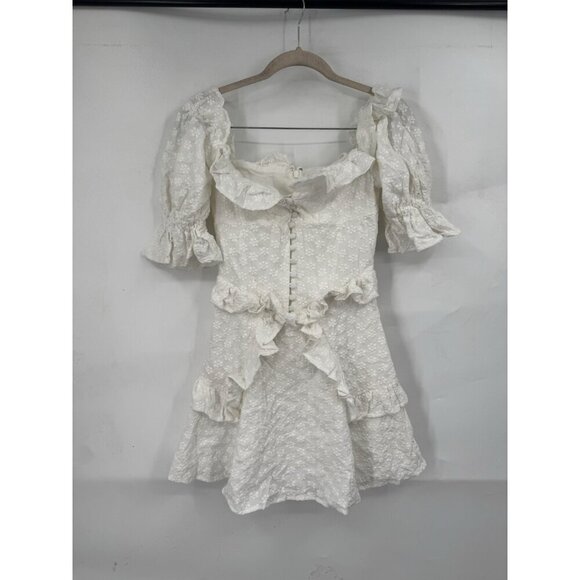 Sabo Luxe Mini Dress Women 4 White Ruffle Textured Floral Peasant Milkmaid - Picture 1 of 10